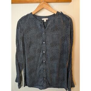 L.L.Bean Signature Gray Blue Print Button Front Blouse Raw Hem Size 6